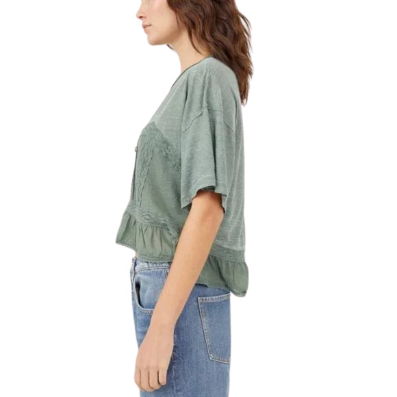 NEW Free People Fall In Love Lace Ruffle Tee Washed Army Green Womens Size M NWT - Picture 5 of 17